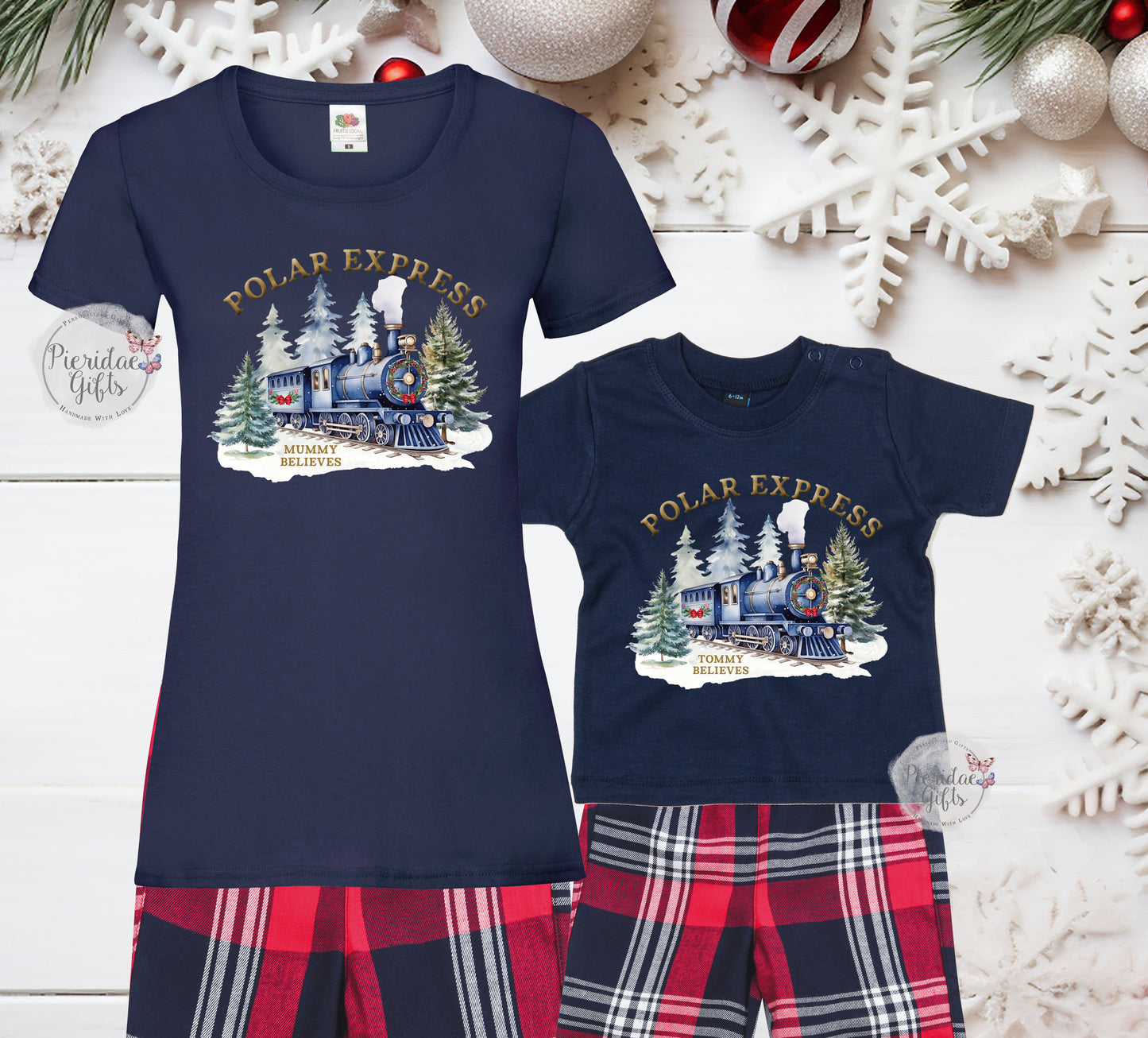 Personalised Christmas Family Polar Express Tee Tartan PJ's