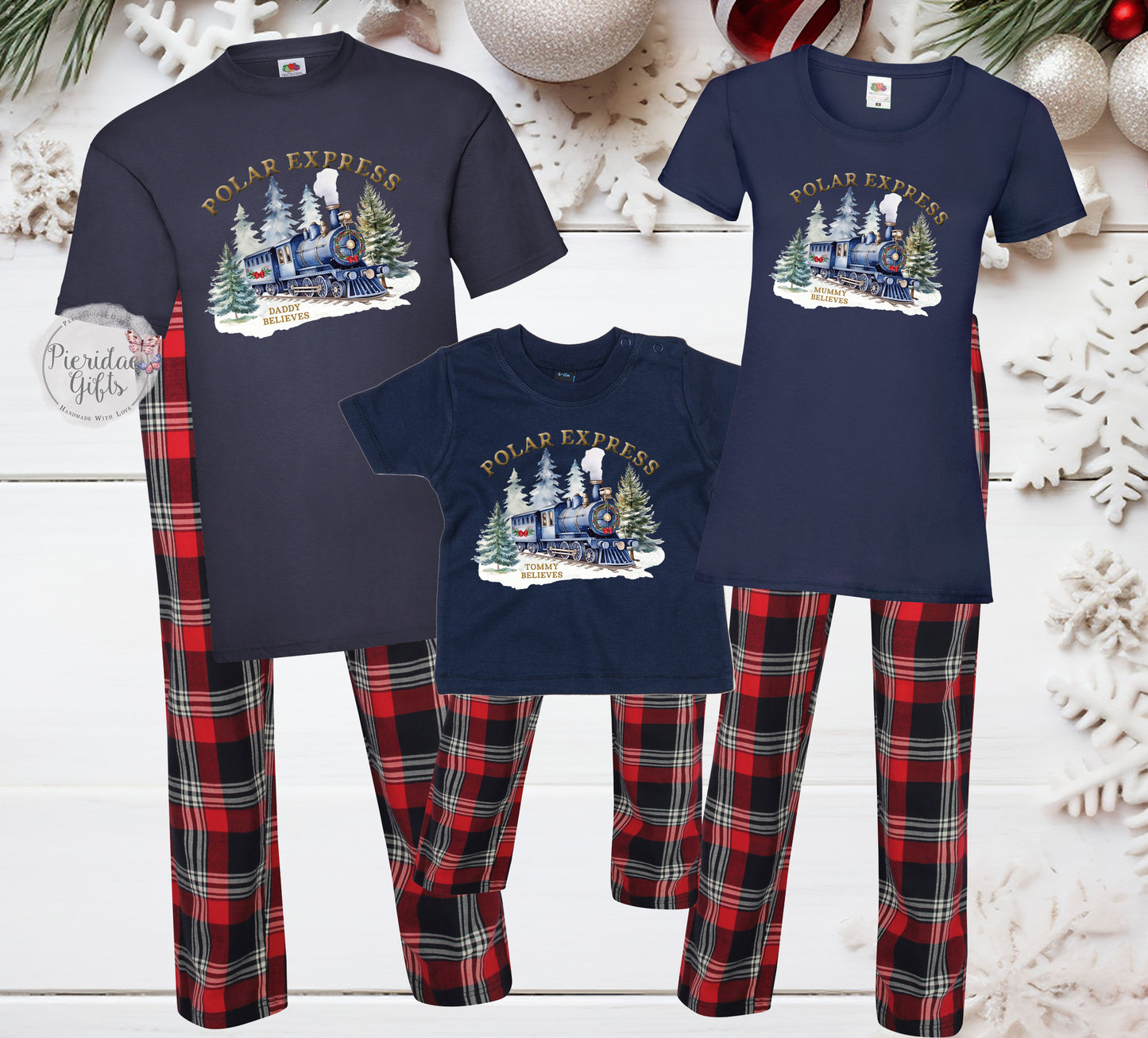 Personalised Christmas Family Polar Express Tee Tartan PJ's