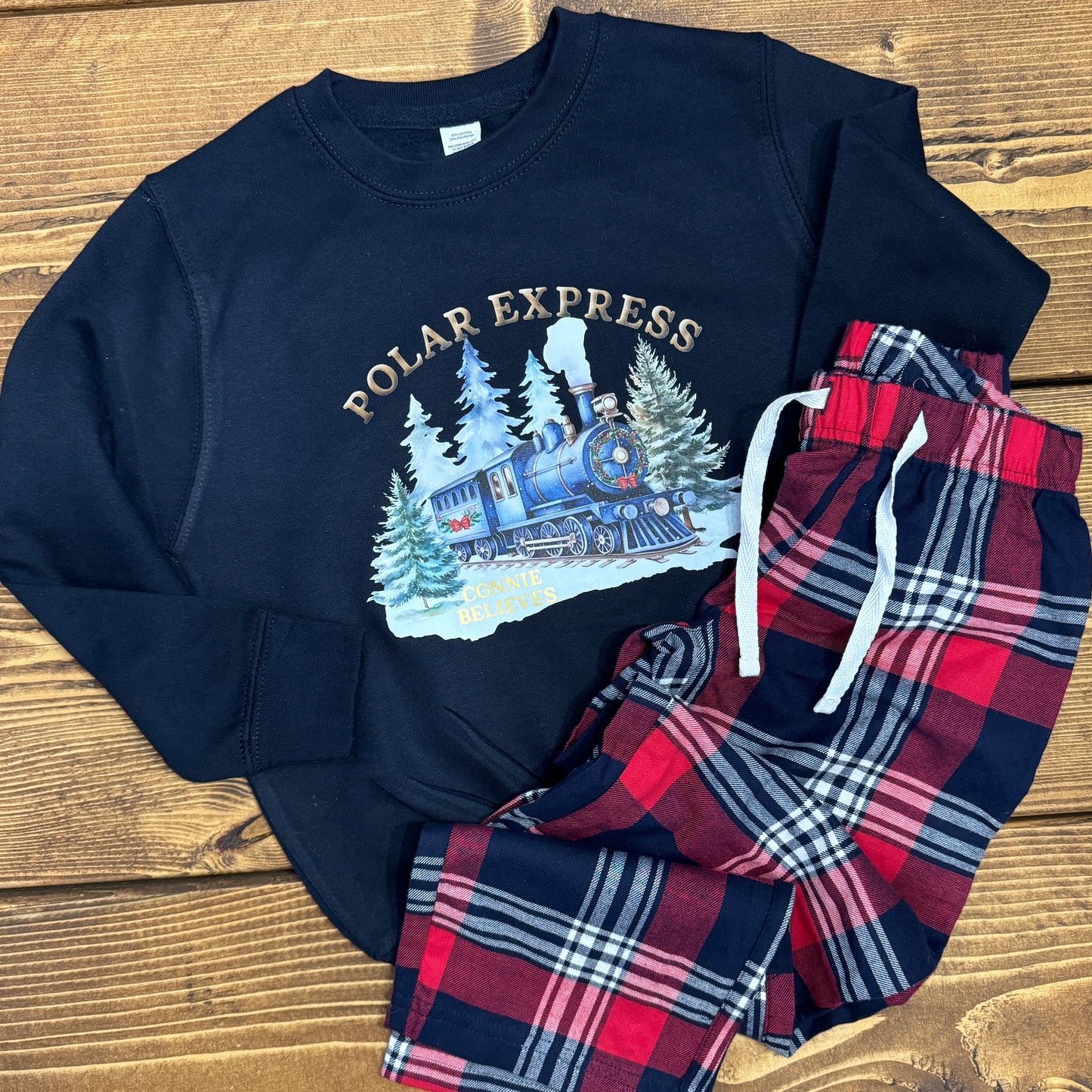 Personalised Christmas Family Polar Express Sweatshirt Tartan PJ's