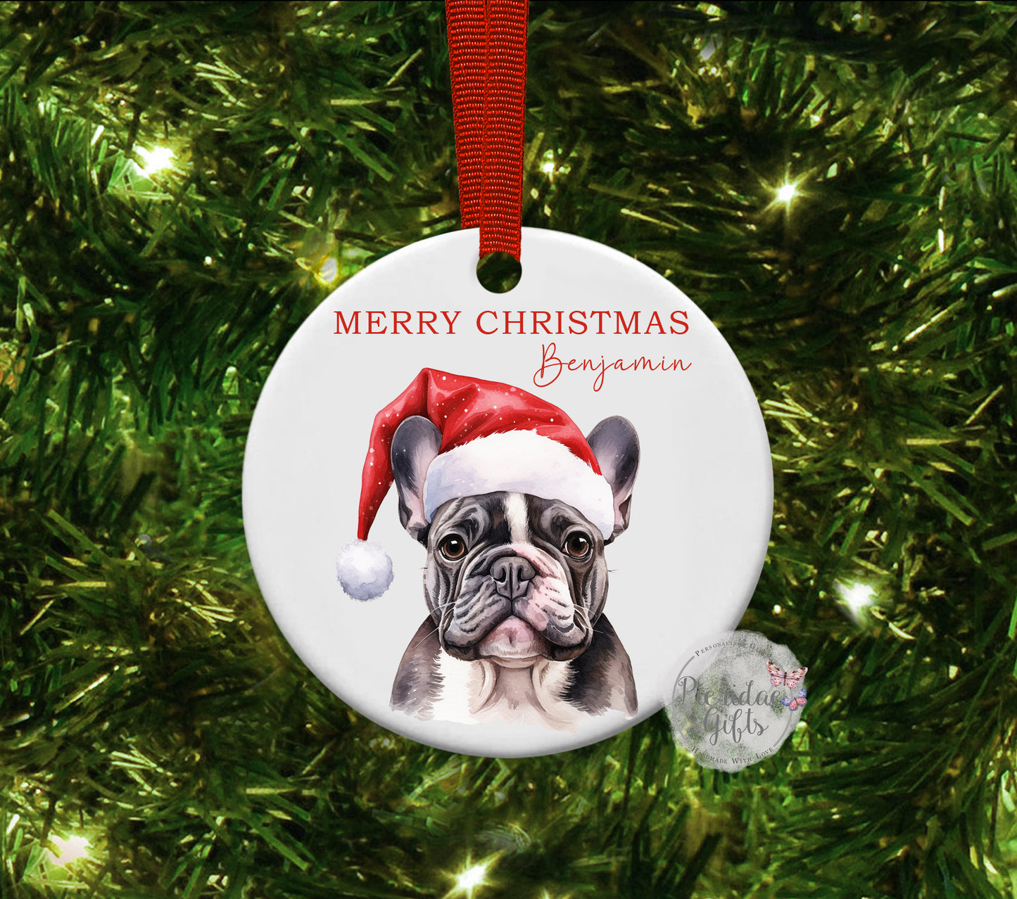 Personalised Christmas Pet Santa Hat Bauble (Other breeds available)